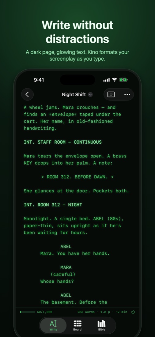 The Write page: a screenplay in green phosphor text