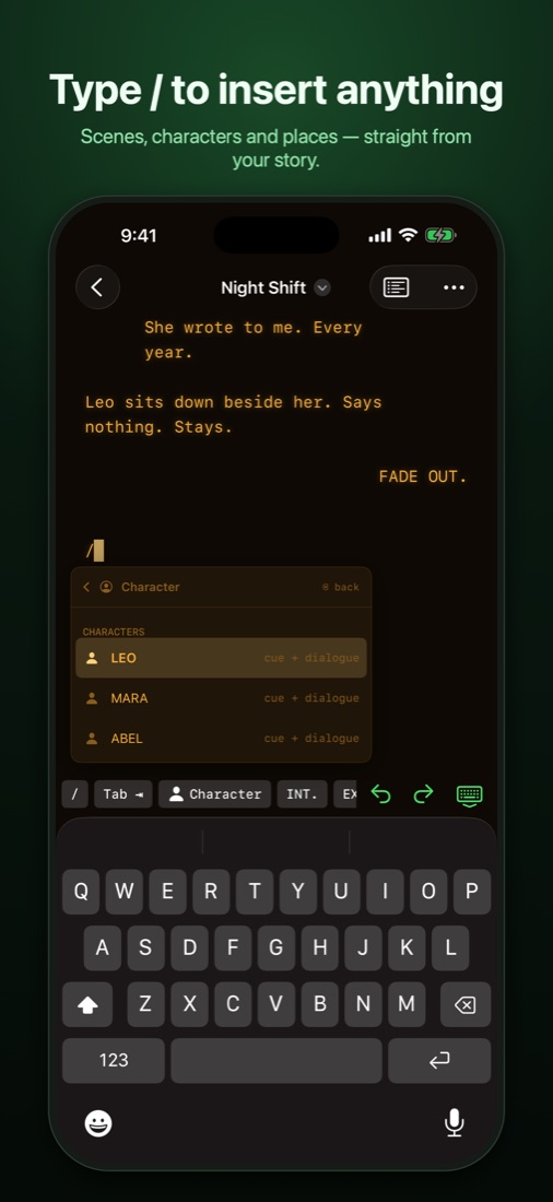 The / menu listing the characters of the script