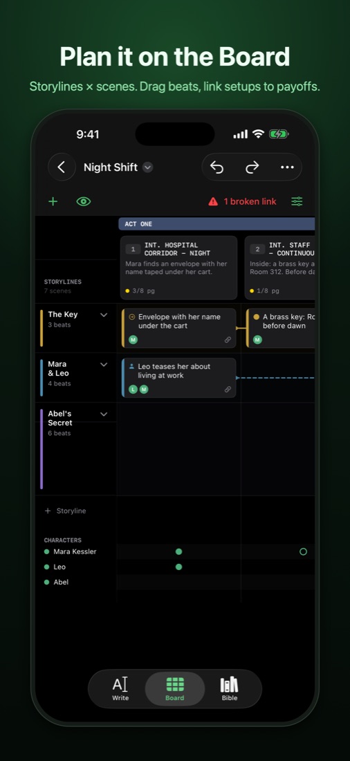 The Board: storylines as rows, scenes as columns